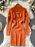 Winter Solid Sexy Sweater Sets Short Half High Collar Knitwear+V Neck Camis Dress Women Warm Knitted Two Pieces