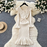 Retro Doll Collar Horn Sleeve Dress Women Autumn Waist Thin Temperament Knitted