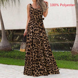 Bohemian Summer Dress Women Leopard Print Long Robe 2022 Holiday Sleeveless Tank Dresses Casual Belted Maxi Vestido