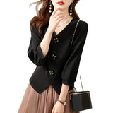 Niche Shirt Women 2025 Spring New Seven-Sleeve V-Necked Black Waist-Skinny Blouse