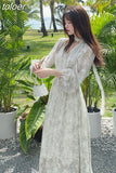 Summer Basic Long Dress Long Sleeve V-Neck Floral Printed Retro Vintage A-Line Women Dresses Chic Korea Fashion