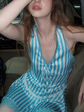 Color Green Stripe Lace Tie Neck Dress Summer New Sexy Style Waist Waist Slim Skirt-Outfit