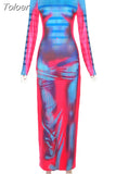 Fashion 3D Body Printed Maxi Dresses for Women 2023 Spring Night Club Outfits Sexy O-neck Long Sleeve Bodycon