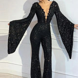 Flare Sleeve Clubwear Women Fashion Sequins Party Jumpsuits Sexy Low Cut Long Pants Overalls Female
