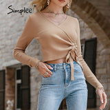 Elegant long sleeve sweater crop top women Office v-neck autumn short pullover solid Stylish sexy lace up female