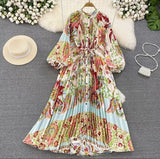 Quality Light Extravagant Lantern Long Sleeved Round Collar Waist Slim Single Breasted Printed Dress Elegant Long Skirt-Outfit