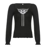 Korean Cute Y2K Retro Cotton Tops Lace Patchwork Buttons Kawaii Tshirts Autumn Square Collar Chic Casual
