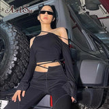 Long Sleeve Irregular Cropped Top Micro Flared Pants Set Woman 2 Pieces Straight-Leg Pants Matching Bandage Top