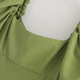 Women Green Pleated Dress Puff Short Sleeve Ladies Dresses Square Collar Loose Knee Length Dress Sundress Ropa