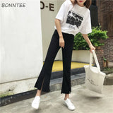 Women Solid Color Ankle-Length Elastic Waist High Womens Flare Trousers Pockets Simple Elegant Slim Leisure Korean