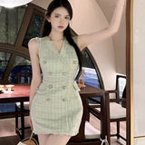 New Summer Sleeveless Tweed Mini Dress French Vintage Temperament Double-Breasted V-neck Slim Sexy Vest Dress