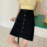 VAREY LIN Summer Women A-line Retro Solid Color Jeans Short Skirts Casual Female High Waist Single Breasted Black Denim