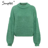 Winter lantern sleeve knitted sweater pullover Women loose O-neck solid sweater Female autumn casual sweater jumper