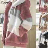 Women Jacket Autumn Winter Long Sleeve Warm Color Block Zipper Fluff Hooded Oversized Coat Jacket Female Clothing