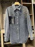 Women's Denim Shirt Patchwork Single Pocket Panelled Loose Long Sleeve Diamonds Blouse 2024 Summer New Fashion 29L2946-Outfit