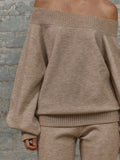 Temperament Famous Woman's Shoulder Solid Color Loose Long-Sleeved Sweater Trousers Set Two Sets Of