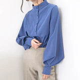 Lantern Sleeve ladies shirts Women's Blouse Spring Autumn Single Breasted Shirts Blouse Solid Blusas
