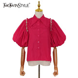 Elegant Solid Women's Shirt Lapel Puff Short Sleeve Patchwork Diamonds Loose Fashion Woman Blouses 2022