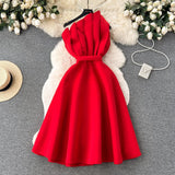 Party Dress Dress Women's Summer French Collared Shoulder Bubble Sleeve High Waist Fork Banquet