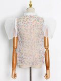 Casual Shirts For Women Slim Stand Collar Puff Short Sleeve Colorblock Blouses Female 2021 Summer Clothing