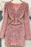 Sexy Women Sequins Glittering Mini Party Dress Elegant Mesh Patchwork V-neck Long Sleeve Slim Bodycon Club Velvet