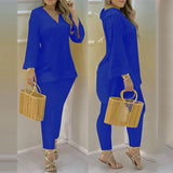 Summer Casaul Women Home Wear Solid Suit Sets Long Sleeve Plain Bell Sleeve V-Neck Top & Pants
