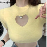 T-shirts for Women O-neck Short Sleeve Fashion Tees Chic Hollow Out Knitting Tshirt 2023 Blusas Mujer De Moda Y2k Crop