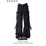 High Street Multi-Pocket Black Work Clothes Jeans Women 2025 New High-Waisted Loose Broad-Legged