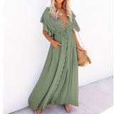 Beach Maxi Dress Women Deep V Neck Backless Ruffles Short Sleeve Dresses Casual Pleated Drawstring Party Long