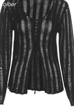 Y2k Grunge Black Sweater for Women Sexy Hollow Out See Through Drawstring V Neck Long Sleeve Top Fall 2023