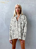 Streetwear Fashion Print 2 Piece Sets Womens Outfits Elegant Stand Collar Long Sleeve Blouses With High Waist Pants