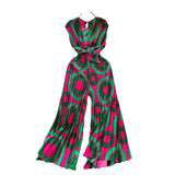 Ins Wear A Female Senior Sense Sleeveless V-Neck Tie Strap To The Belt Print Loose Broad Legs 100-Folded Jump-Fitting
