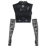 Skull Fishnet Mall Gothic Women Tank Tops Grunge Aesthetic Punk Black Crop Top With Glove E-girl Emo Alternative Vests-Outfit