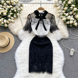 Splice Lace Bow Women Dress 2022 Summer Mesh Hollow Out Zipper Slim Elegant Ladies A line Midi