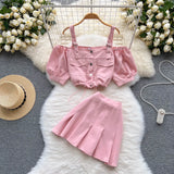 Strap Women Set Drawstring Summer 2022 Fashion Single Breasted Backless Tops+ Mini Skirt Korean Style Two Piece