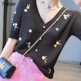 Sleeve T-shirts Women Vintage Female Embroidery Flowers V-neck All-match Fashion New Summer Elasticity Temperament