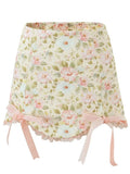 Floral Print Bow Cross Lacing up Back Corset Wood ears Crop Top + High Waist Ribbon Asymmetric Mini Skirt 2 pieces 1 set-Outfit