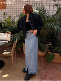 Fashion Blue Denim Skirts For Women Elegant High Waist Slit Long Skirt Streetwear Casual Chic Faldas Female