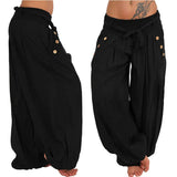 Pants Women Fashion Casual Loose Long Pants Solid Color Baggy Harem Pants Summer Button Sashes Wide Leg Trousers