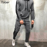 Men 2 Pieces Sets 2019 Brand Autumn Winter Hooded Sweatshirt +Drawstring Pants Male Stripe Patchwork