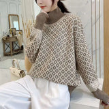 Korean Elegant Vintage Sueter Mujer 2020 New Arrival Women Sweaters Turtleneck Plaid Patchwork Female