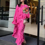 Casual Patchwork Ruffle Trim Dress For Women Round Neck Long Sleeve Loose Solid Midi Dresses Female Spring