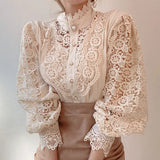 Women Lace Blouse Petal Sleeve Hollow Out Flower Lace Patchwork Shirt Femme Blusas Stand Collar Button White Top