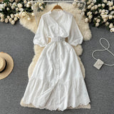 Women Embroidary Gentle Summer Dress V Neck Sashes Hollow Out Casual Vacation Short Sleeves Ladies Long A Line