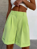 New Summer Women's High-waisted Cuffed Solid Color Wide-leg Pants Fashion Overalls Women's Shorts Casual Five-point
