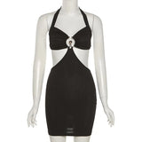 Halter Sexy Backless Halter Mini Dress Women Elegant Ring Metal Cut Out Sleeveless Ribbed Knit Summer Dresses