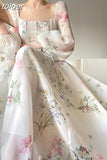 Elegant Floral Midi Dress for Women Party Evening Chiffon Long Sleeve Fairy One Piece Dress Korean Beach Summer