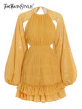 TWOTWINSTYLE Backless Mini Dress For Women Round Neck Lantern Sleeve High Waist Solid Minimalsit Dresses Female Spring