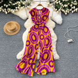 Ins Wear A Female Senior Sense Sleeveless V-Neck Tie Strap To The Belt Print Loose Broad Legs 100-Folded Jump-Fitting