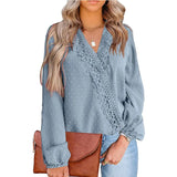 Blouses For Women Fashion Lace Patchwork V Neck Long Sleeve Office Work Shirts Tops Lady Oversized Casual Chiffon